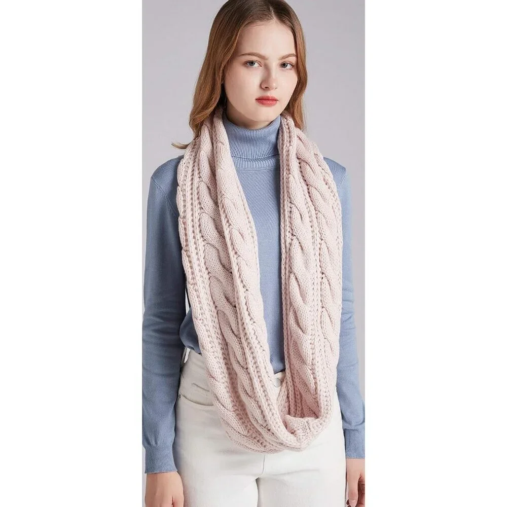 Women's Twist Light Pink Thick Ribbed Knit Winter Infinity Circle Loop Scarf